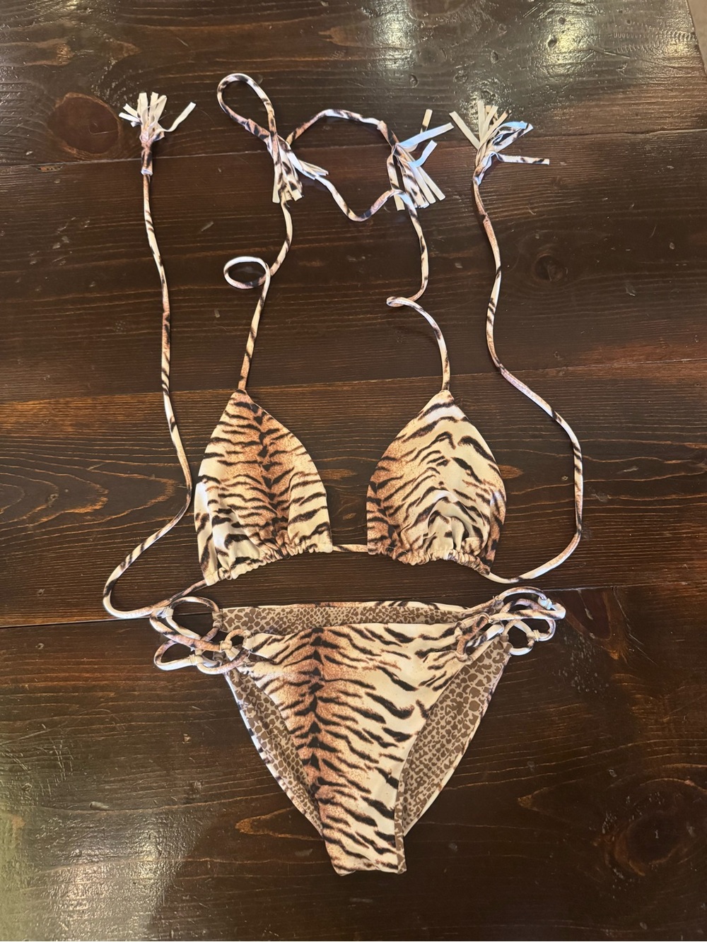 acacia swimwear Beige and Black Tiger-Print String Bikini